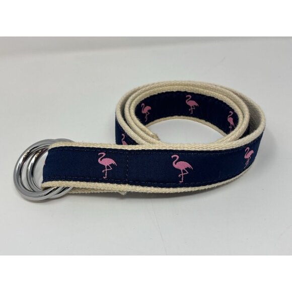 J. Crew Belt Fabric Blue/Pink Flamingo Double D Ring Sz Small - Picture 1 of 7